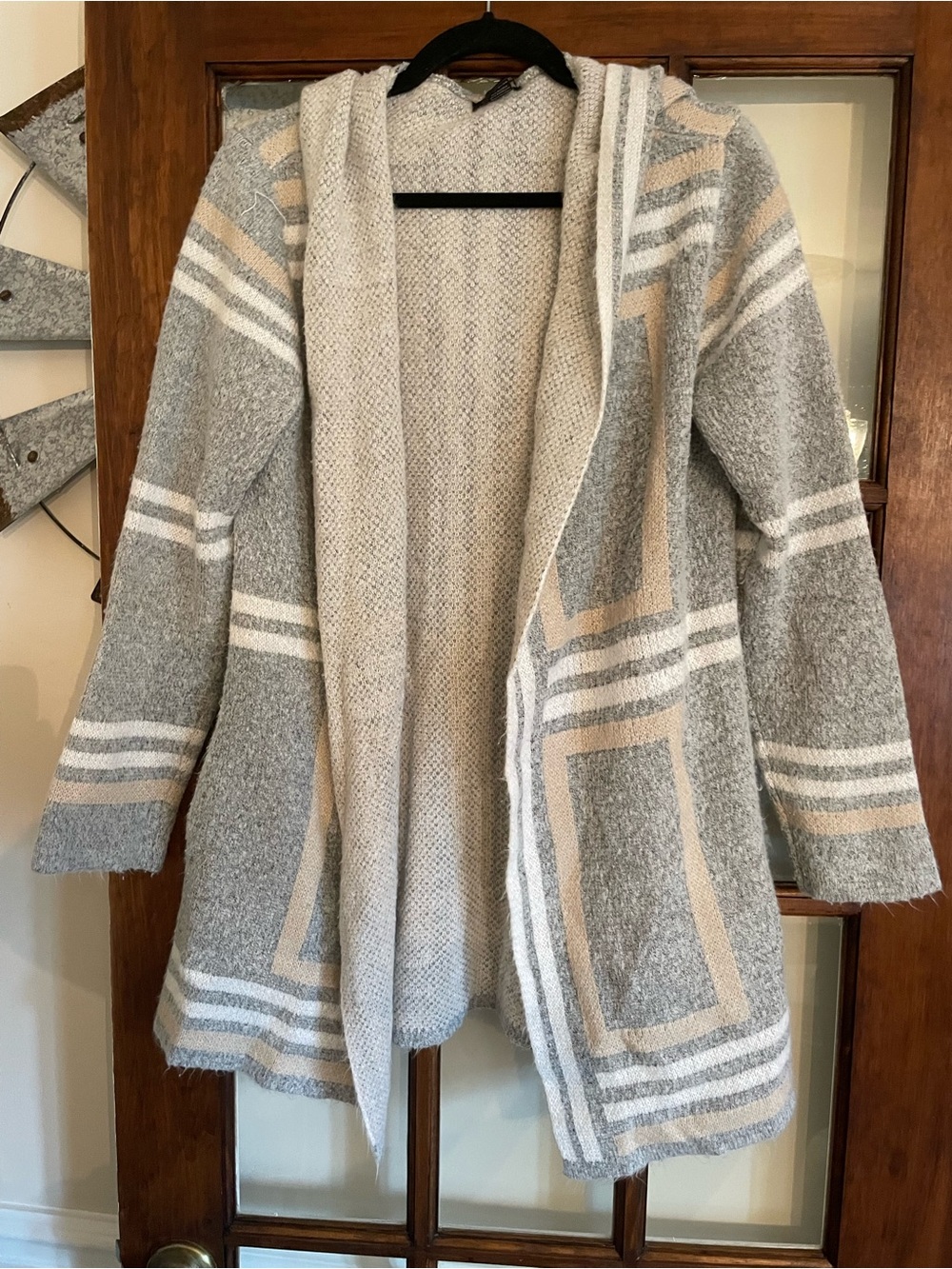 Open-Front Hooded Cardigan Sweater in Gray, Cream & Tan